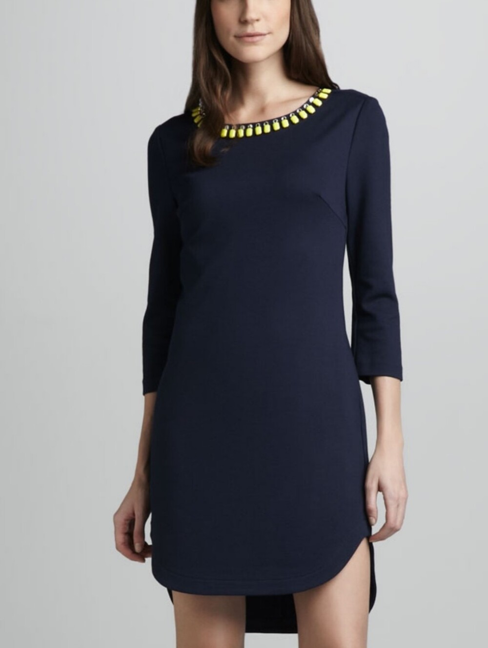 Trina Turk Sculptor Dress Shift Navy Blue Beaded Neckline 6 Medium Mini